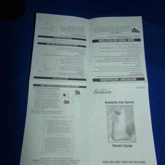 Sunbeam Electric Can Opener Owner's Guide Leaflet Model CN100 - Dated 2001 - Picture 4 of 4